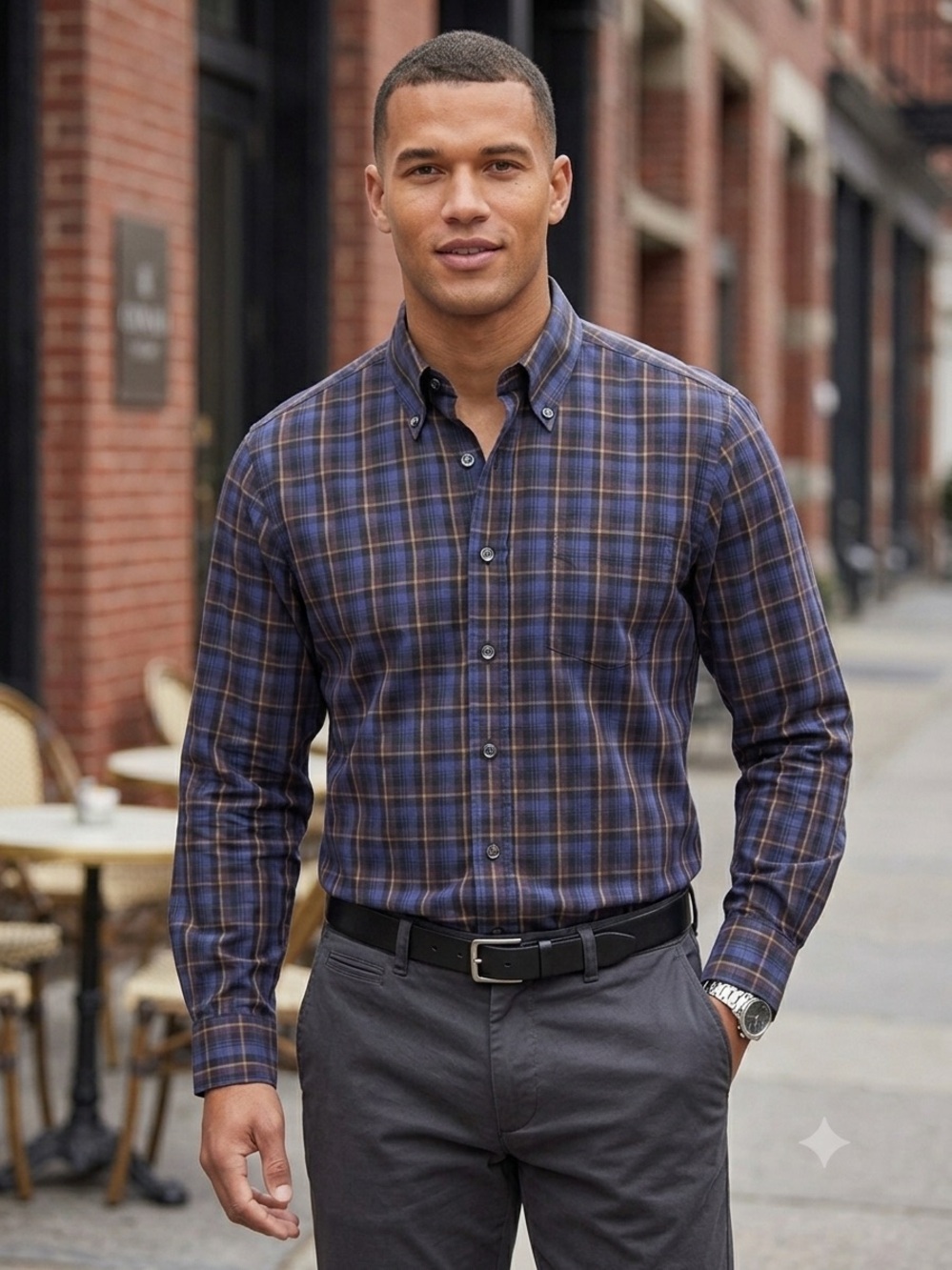 CANALI Sportswear Plaid Button-Down Shirt Blue Brown Long Sleeve XL